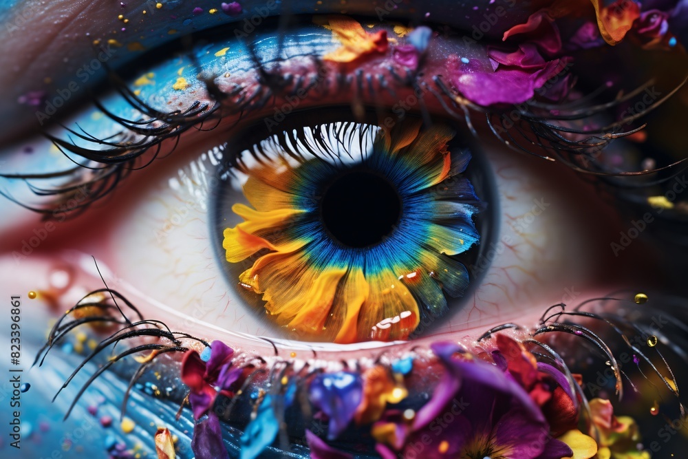 a close up of a colorful eye