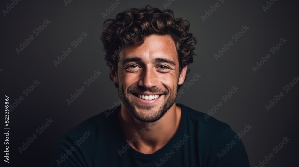 A man with curly hair is smiling while wearing a black shirt A man with curly hair is smiling while wearing a black shirt