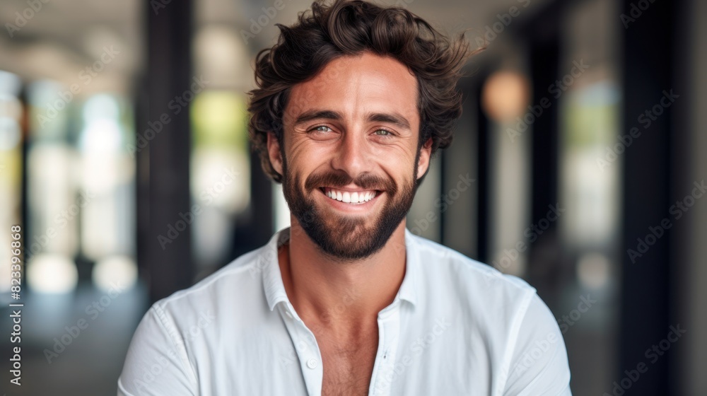 A man with a beard smiles directly at the camera A man with a beard smiles directly at the camera