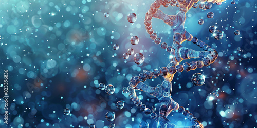 Closeup Of Water Dna Chain Representing Hydration And Cosmetics with water drop background  photo