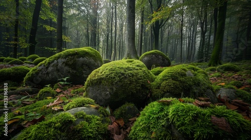 Top of the line CG  surreal photography.Moss-covered stones in a quiet  rainy woodland. beautiful  romantic  and beautiful lighting. Blue sky  ultra-high definition  front view  Nikon photography 