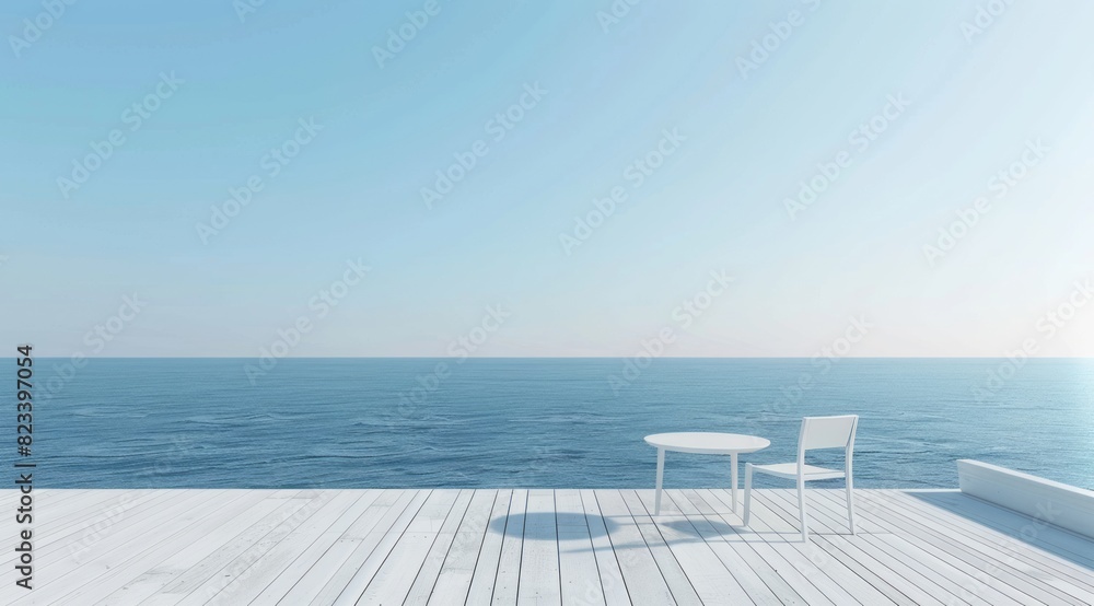 A minimalist coastal scene with an empty white wooden deck overlooking the ocean, featuring a small table and chair for contemplation