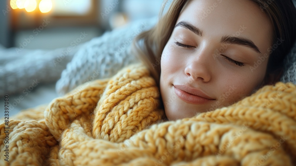 A woman laying down in bed, covered with a warm blanket A woman laying down in bed, covered with a warm blanket