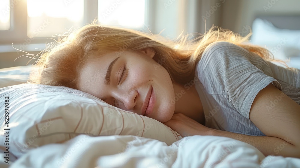 A woman relaxing in bed, eyes closed in peaceful sleep A woman relaxing in bed, eyes closed in peaceful sleep