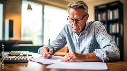 A man seated at a table, focused on writing on a piece of paper photo