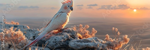 Perched atop rocky outcrop Australian Outback a majestic cockatoo named Kiwi surveys the vast expanse of desert below his vibrant crest rising proudly as he calls out to his flock with a raucous cry