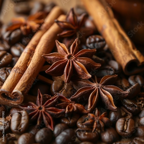 A pile of coffee beans with cinnamon sticks and starburst badian on top. photo
