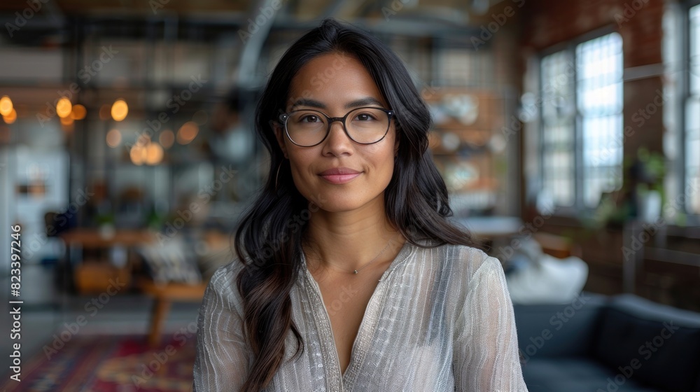 A woman with glasses is standing in a living room A woman with glasses is standing in a living room