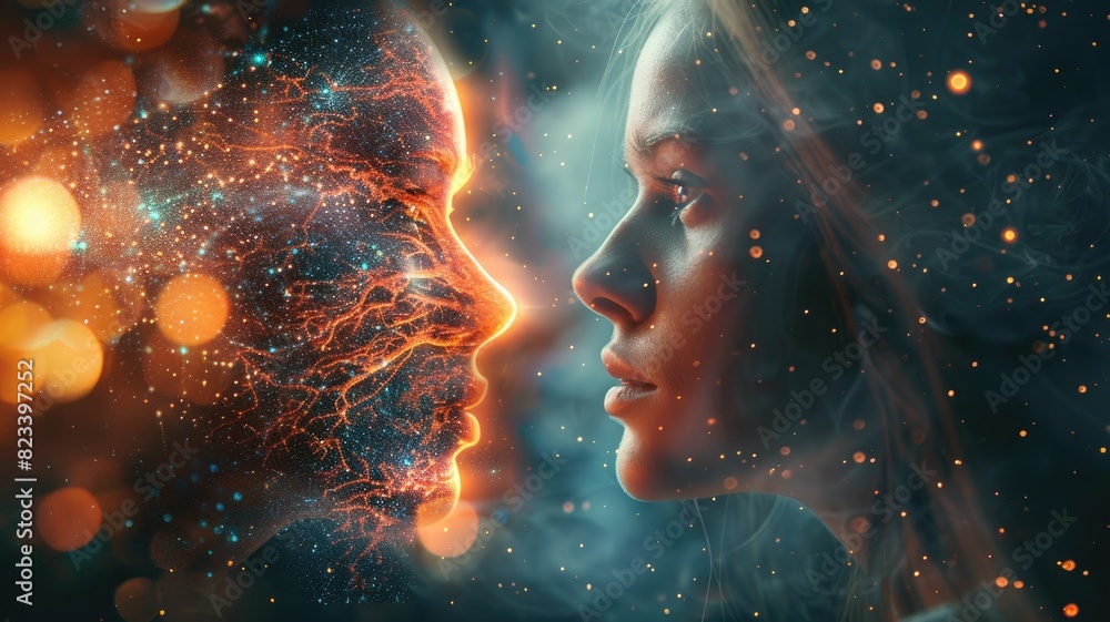 Woman's profile merging with luminous cosmic pattern Woman's profile merging with luminous cosmic pattern