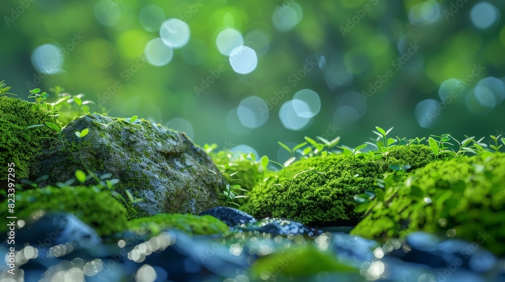 Top of the line CG, surreal photography.Wet moss on stones in a peaceful forest setting. beautiful, romantic, and beautiful lighting. Blue sky, ultra-high definition, front view, Nikon photography, Top of the line CG, surreal photography.Wet moss on stones in a peaceful forest setting. beautiful, romantic, and beautiful lighting. Blue sky, ultra-high definition, front view, Nikon photography,