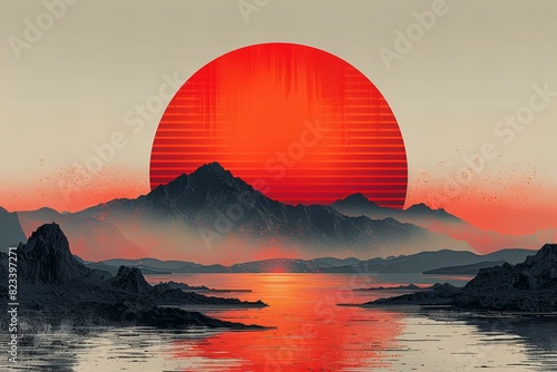 An orange sun logo with red stripes over white background photo