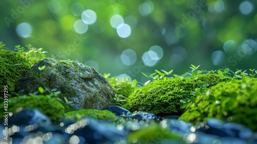 Top of the line CG, surreal photography.Wet moss on stones in a peaceful forest setting. beautiful, romantic, and beautiful lighting. Blue sky, ultra-high definition, front view, Nikon photography, © Jojo