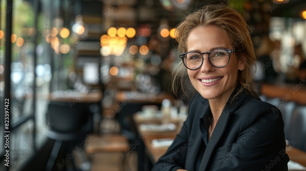 A woman with glasses sits at a table in a bustling restaurant, interacting with the menu and surroundings A woman with glasses sits at a table in a bustling restaurant, interacting with the menu and surroundings