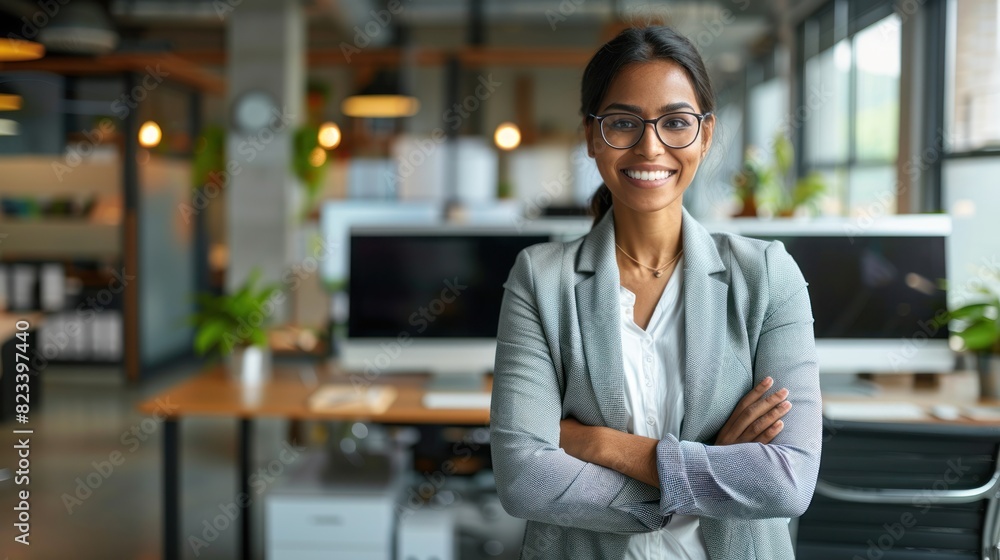 A businesswoman stands in an office with her arms crossed, exhibiting a confident demeanor A businesswoman stands in an office with her arms crossed, exhibiting a confident demeanor