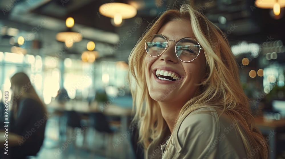 A woman with glasses sits at a table in a restaurant, smiling happily A woman with glasses sits at a table in a restaurant, smiling happily