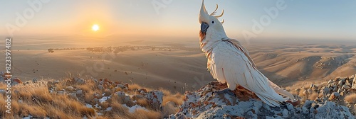 Perched atop rocky outcrop Australian Outback a majestic cockatoo named Kiwi surveys the vast expanse of desert below his vibrant crest rising proudly as he calls out to his flock with a raucous cry