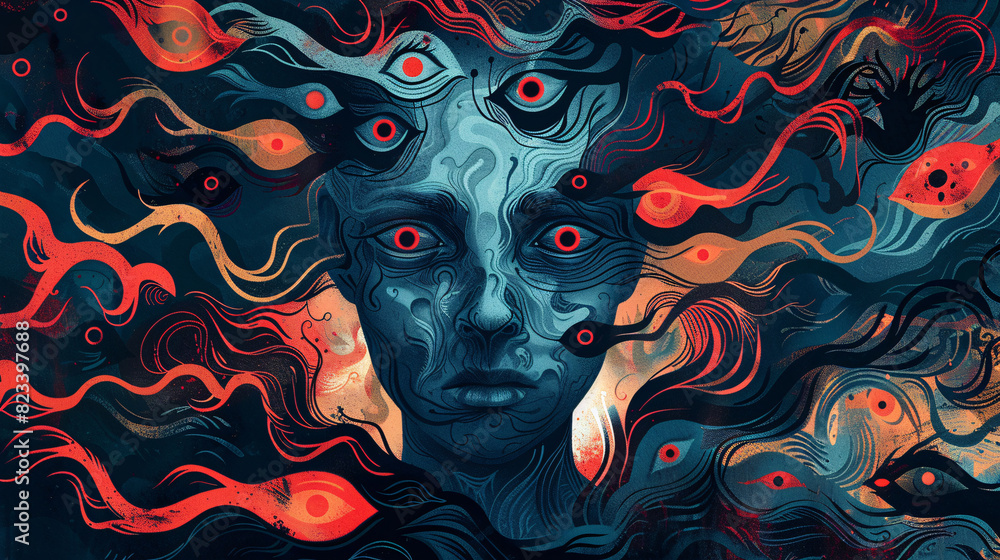 Surreal depiction of a face with multiple eyes, surrounded by swirling abstract shapes, using dark blues and fiery oranges.