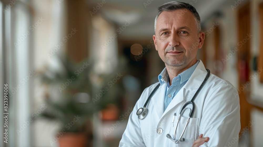 A man in a white coat is wearing a stethoscope around his neck. A man in a white coat is wearing a stethoscope around his neck.