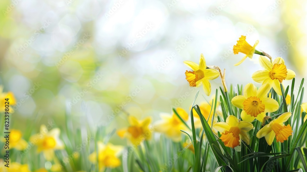 Fototapeta premium Yellow daffodils in bloom with soft-focus background sunlit field