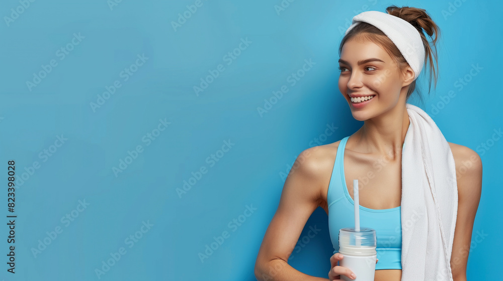 beautiful smiling porty woman in light blue sportswear and towel on neck holding shaker with healthy drink, whey protein, fresh water isolated on light blue studio background