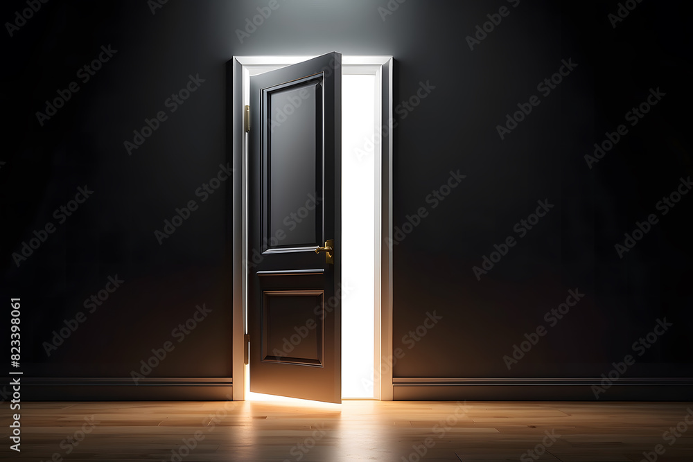  3d render, bright light glowing from an open door isolated on a black background design. Architectural design element. Modern minimal concept. Hope metaphor