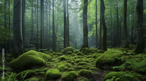 Top of the line CG, surreal photography.A serene forest floor with moss-covered rocks after rain. beautiful, romantic, and beautiful lighting. Blue sky, ultra-high definition, front view, Nikon photo