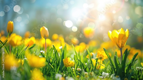 Yellow tulips blooming under sunlight with greenery and bokeh effect #823398005