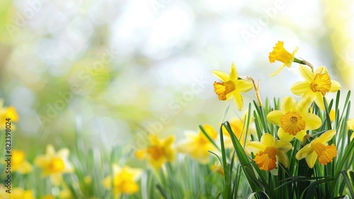 Yellow daffodils in bloom with soft-focus background sunlit field