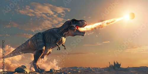 Hyperrealistic depiction of Tyrannosaurus rex during meteorite impact causing dinosaur extinction. Concept Dinosaurs, Extinction, Tyrannosaurus rex, Meteorite Impact, Paleontology photo