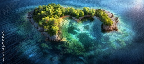 Heart-shaped tropical island surrounded by the sea. Beautiful tropical paradise background © Yeivaz