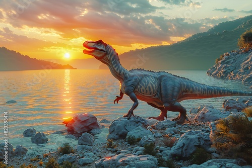 Dinosaur standing on a rocky lake at sunset  high quality  high resolution