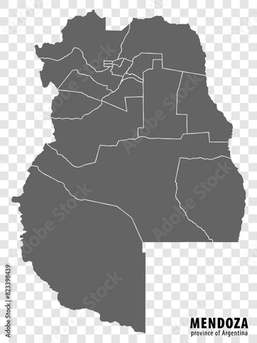 Blank map Mendoza Province of Argentina. High quality map Province of Mendoza with districts on transparent background for your web site design, logo, app, UI. Argentine Republic.  EPS10.