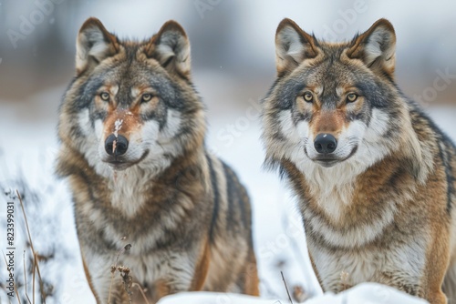 Two wolves are standing on a white background, high quality, high resolution