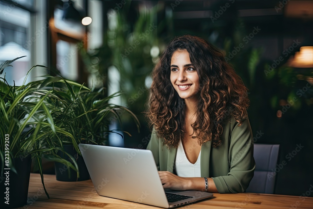 Young beautiful joyful woman smiling while working with laptop in office. Young beautiful joyful woman smiling while working with laptop in office.