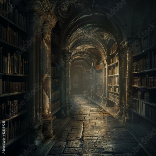 a dark hallway with a stone floor and a row of books