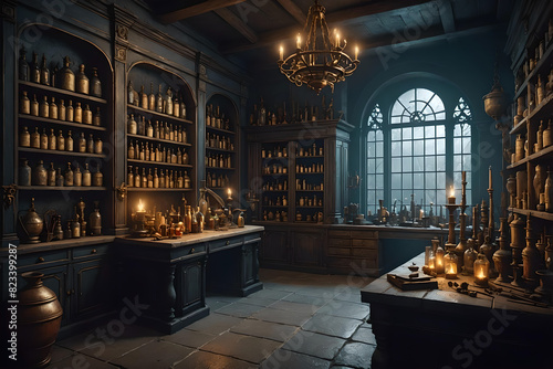 Alchemist workshop. A strange and creepy room with cabinets of curiosities filled with lots of bottles and glass jars. CG Artwork Background. AI generated digital illustration photo