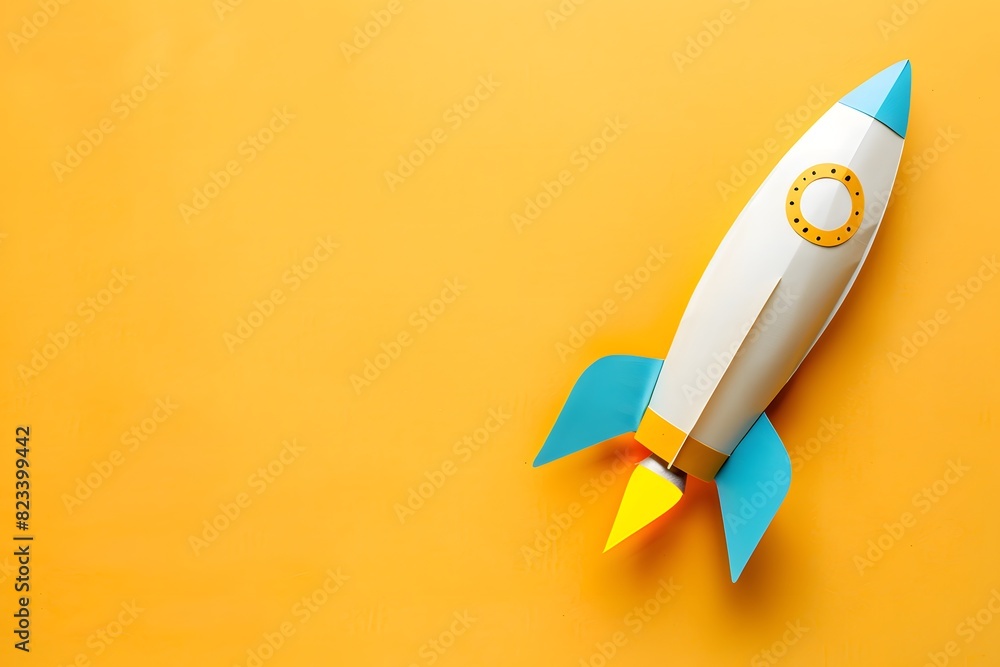 Paper Rocket Ship on Yellow Background for Product Launch Paper Rocket Ship on Yellow Background for Product Launch