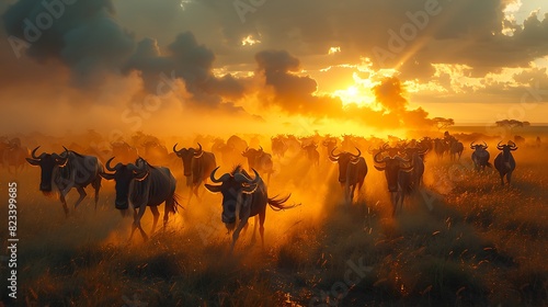 Roaming expansive plains of the Serengeti a herd of wildebeest kicks up dust as they embark on their annual migration their thunderous hooves echoing across the savannah © Khuram Shehzad
