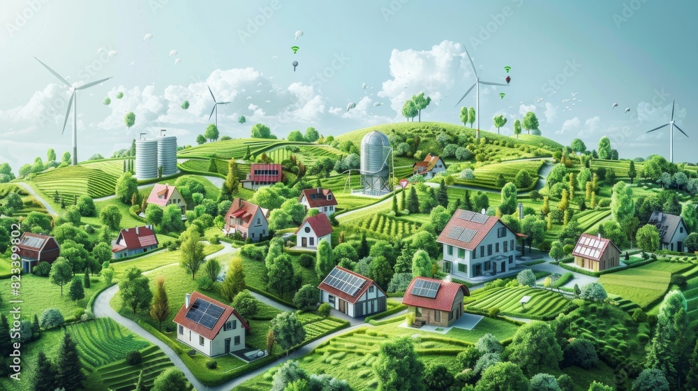 A green landscape with houses and windmills