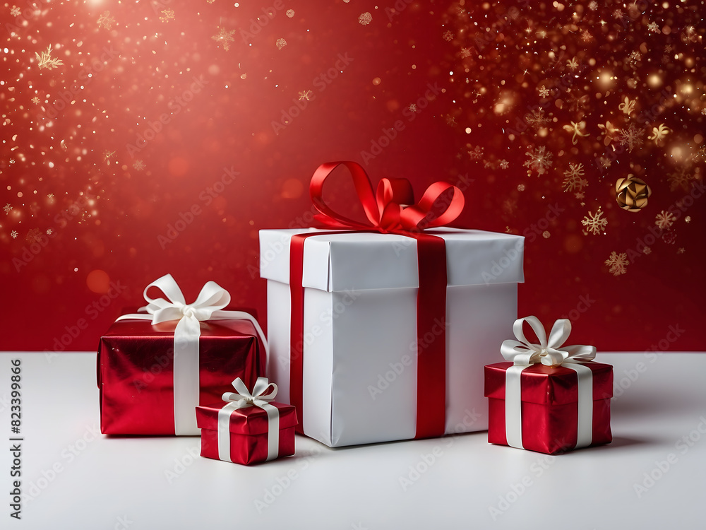 Red background, white blank banner, and presents, ideal for marketing design, mock-up Red background, white blank banner, and presents, ideal for marketing design, mock-up