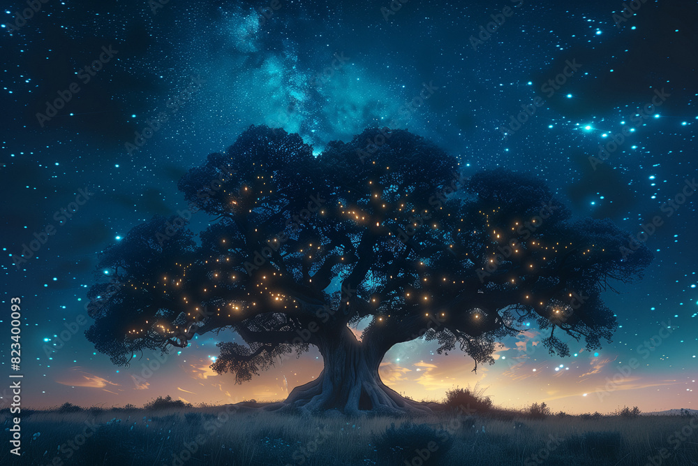 Magical Tree Illuminated by Starry Lights at Night. A large, ancient tree illuminated by star-like lights in its branches, set against a night sky full of stars.