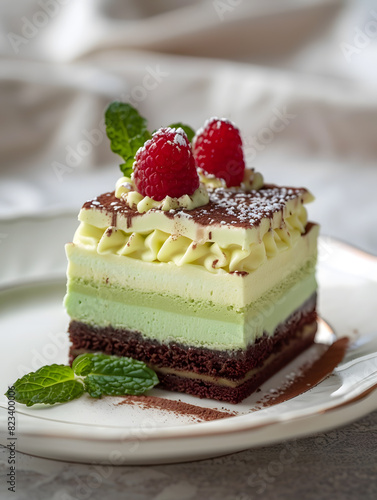 A square piece of cake with layers made from green cookie dough, topped with mint cream and raspberries on top