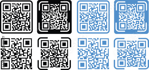 Set of Digital scanning QR code icons. QR code for payment. QR codes scan in black and blue flat styles for smartphone. Vectors QR code samples for smartphone scanning on transparent background.