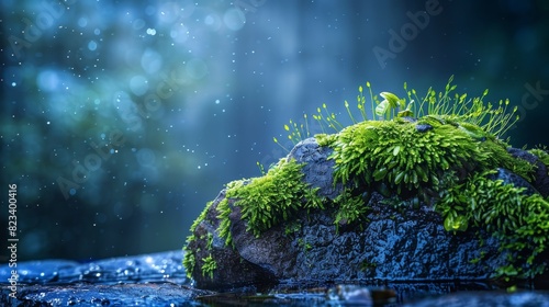 Top of the line CG, surreal photography.Wet moss on stones in a tranquil, rainy woodland. beautiful, romantic, and beautiful lighting. Blue sky, ultra-high definition, front view, Nikon photography,