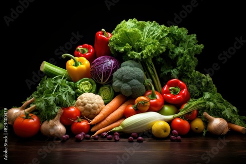 Colorful display of fresh, healthy vegetables artistically arranged on a dark wooden surface