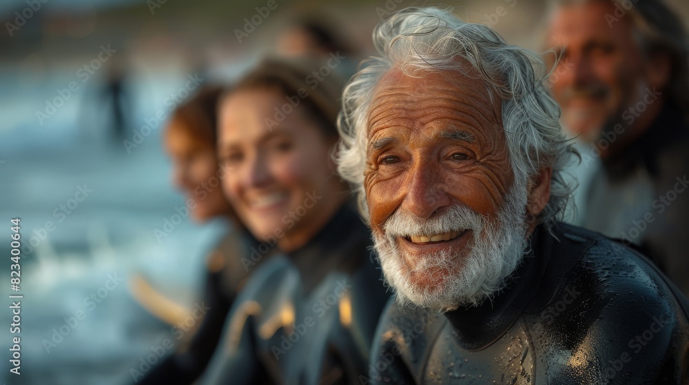 A man with a beard and white hair is smiling at the camera A man with a beard and white hair is smiling at the camera