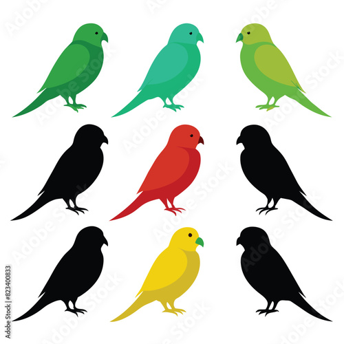 Set of budgerigar birds animal Silhouette Vector on a white background