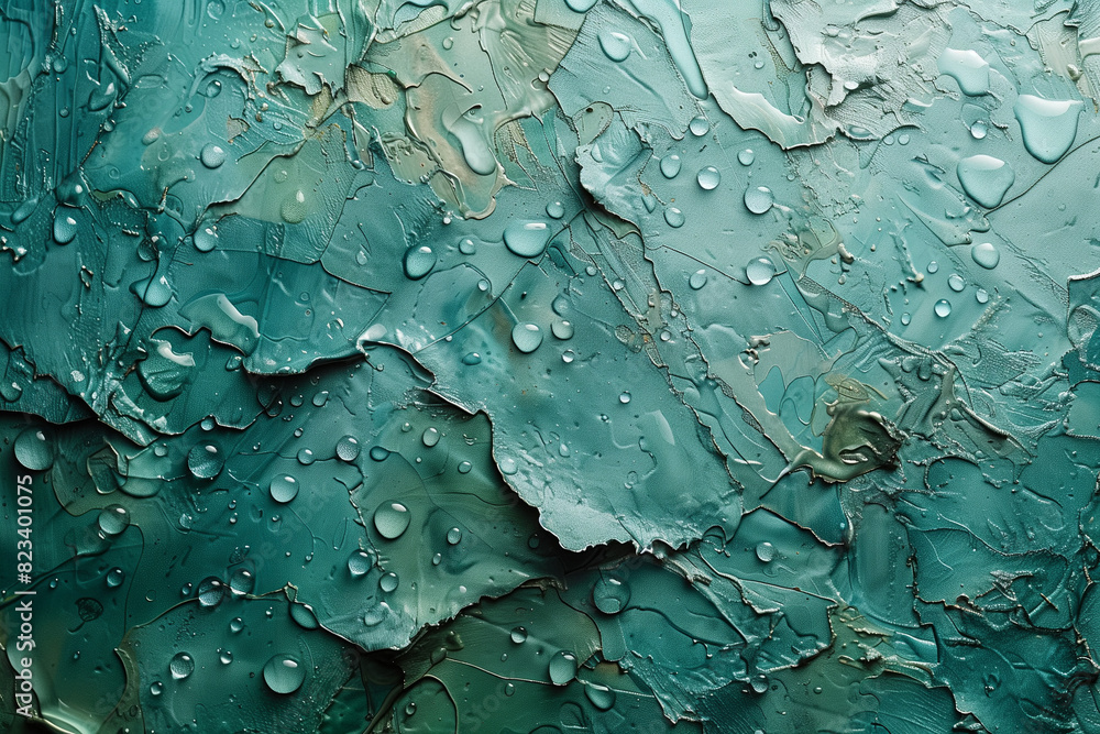 Abstract Textured Surface with Water Droplets. Close-up of an abstract textured surface in teal with scattered water droplets, creating a visually striking pattern. Abstract Textured Surface with Water Droplets. Close-up of an abstract textured surface in teal with scattered water droplets, creating a visually striking pattern.