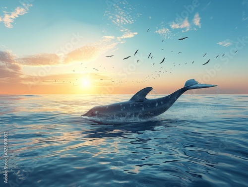 A dolphin is swimming in the ocean with a sunset in the background. The sky is filled with birds flying in the distance