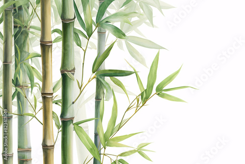 Green bamboo stalks with lush leaves against a white background creating a serene and natural composition